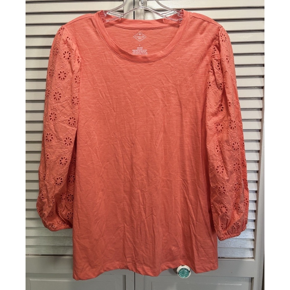 St Johns Bay NWT Orange Top Size Large Balloon Eyelet Sleeves Elastic Cuff